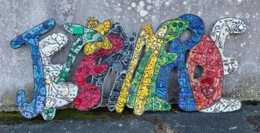 Collages intitulée "JE T'AIME MERDE" par Ange, Œuvre d'art originale, Bois Monté sur Panneau de bois