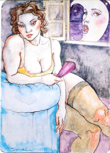 Drawing titled ""FEMME ET LUNE"" by Angel Rengell, Original Artwork, Other