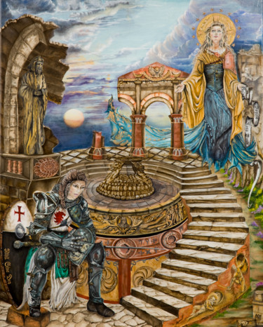 Pintura intitulada "Guerrera medieval" por Angel Sanchez, Obras de arte originais, Óleo