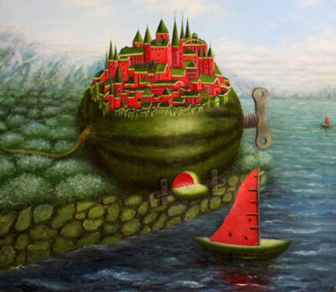 Картина под названием "Арбузный город" - Анжелика Ягодина, Подлинное произведение искусства, Масло Установлен на Деревянная…