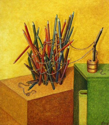 Картина под названием "Карандаши" - Анжелика Ягодина, Подлинное произведение искусства, Масло Установлен на Деревянная панель