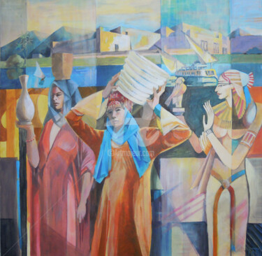 Pintura intitulada "And the Nile flows…" por Angela Brittain, Obras de arte originais, Acrílico