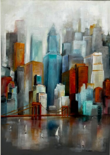 Painting titled "Landing at Manhattan" by Angela Di Teodoro, Original Artwork, Oil