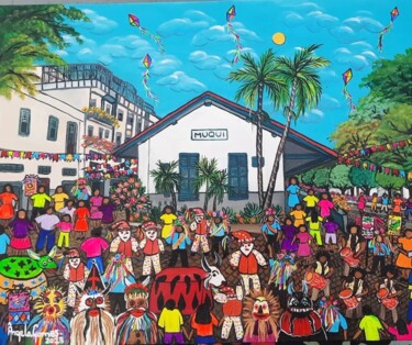 Malarstwo zatytułowany „Carnaval em Muqui -…” autorstwa Angela Gomes, Oryginalna praca, Akryl Zamontowany na Drewniana rama…