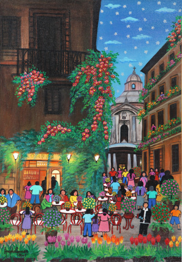 Painting titled "Caffé'All Aperto Pr…" by Angela Gomes, Original Artwork, Acrylic Mounted on Wood Stretcher frame