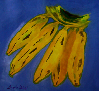 Painting titled "Bananas no fundo Az…" by Angela Lemos Bezerra, Original Artwork, Acrylic