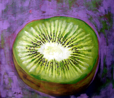 Painting titled "Kiwi no fundo lilás" by Angela Lemos Bezerra, Original Artwork, Acrylic