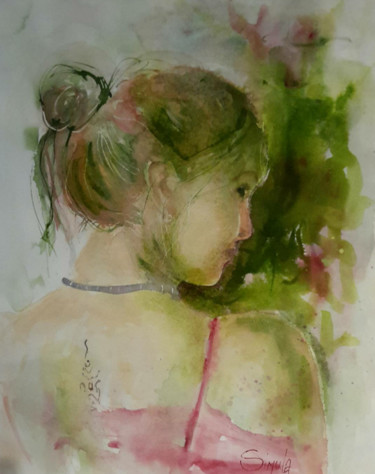 Pittura intitolato "Green girl" da Angela, Opera d'arte originale, Acquarello