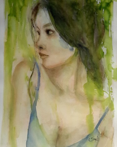 Painting titled "Girl" by Angela, Original Artwork, Watercolor