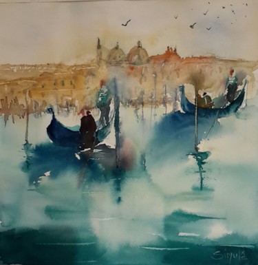 Painting titled "Gondole" by Angela, Original Artwork, Watercolor