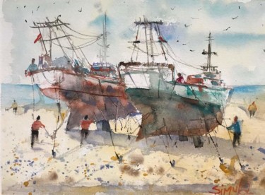 Malarstwo zatytułowany „Boats” autorstwa Angela, Oryginalna praca, Akwarela