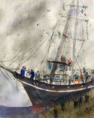 Painting titled "La barca" by Angela, Original Artwork, Watercolor