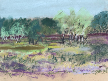 Malerei mit dem Titel "Heide-Landschaft II" von Angela Sommer, Original-Kunstwerk, Pastell