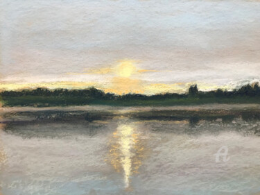 Malerei mit dem Titel "Lac de Pareloup" von Angela Sommer, Original-Kunstwerk, Pastell Auf Andere starre Platte montiert