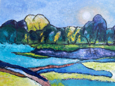 Картина под названием "Wasser-Landschaft 2" - Angela Sommer, Подлинное произведение искусства, Масло Установлен на Деревянна…
