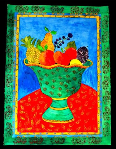 Painting titled "Green Urn With Frui…" by Angela Nori, Original Artwork