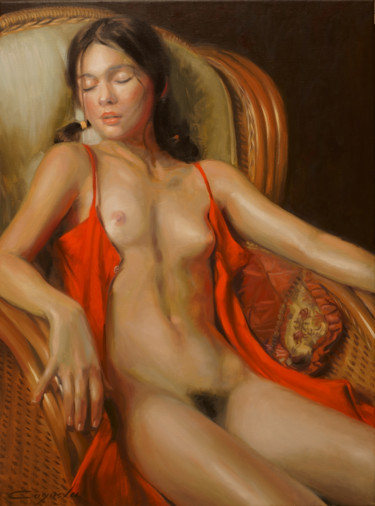 Pintura intitulada "Sitting Model Nude" por Angel Cayuela, Obras de arte originais, Óleo