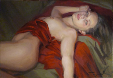 Painting titled "Lying Nude" by Angel Cayuela, Original Artwork, Oil