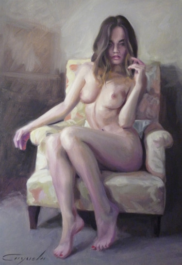 Schilderij getiteld "Sitting Nude" door Angel Cayuela, Origineel Kunstwerk, Olie