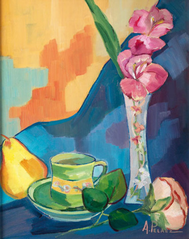 Painting titled "CAFE ENTRE FLORES" by Ángeles Peláez Talasac, Original Artwork, Oil