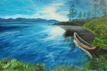 Pintura intitulada "Sky Meets River" por Angeli, Obras de arte originais, Óleo Montado em Armação em madeira