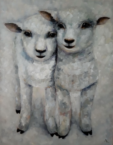 Painting titled "Lambs" by Angelia Lasnaia, Original Artwork, Oil