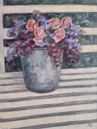 Painting titled "Roses surrounded by…" by Angelia Lasnaia, Original Artwork, Oil