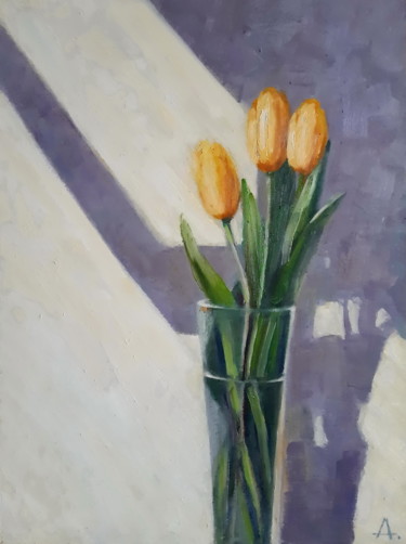 Painting titled "Tulips" by Angelia Lasnaia, Original Artwork, Oil