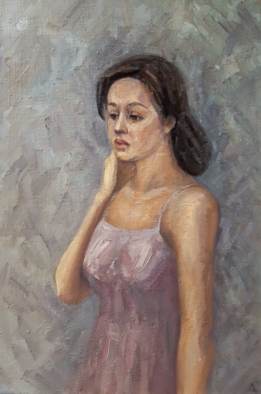 Painting titled "Delicate pensive gi…" by Angelia Lasnaia, Original Artwork, Oil