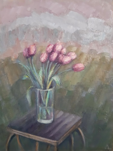 Original painting pink tulips Painting titled "Original painting p…" by Angelia Lasnaia, Original Art, Oil