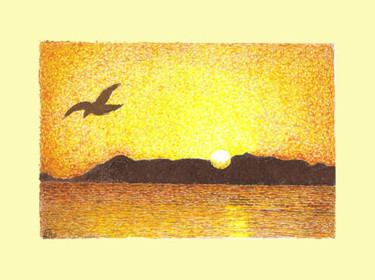 Desenho intitulada "A gaivota e o sol n…" por Angelica Trompieri, Obras de arte originais, Tinta