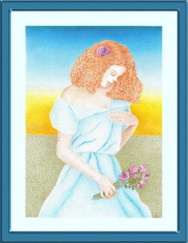 Disegno intitolato "Moça colhendo flores" da Angelica Trompieri, Opera d'arte originale, Inchiostro