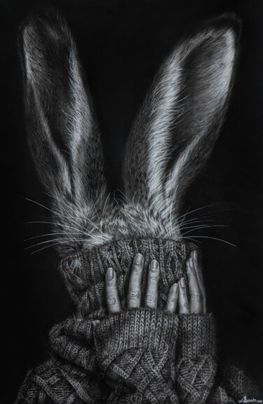 Painting titled "Bunny" by Angelika Lomako, Original Artwork, Charcoal