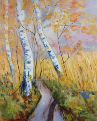 Painting titled "Three birch trees a…" by Angelika Scheibler, Original Artwork, Acrylic