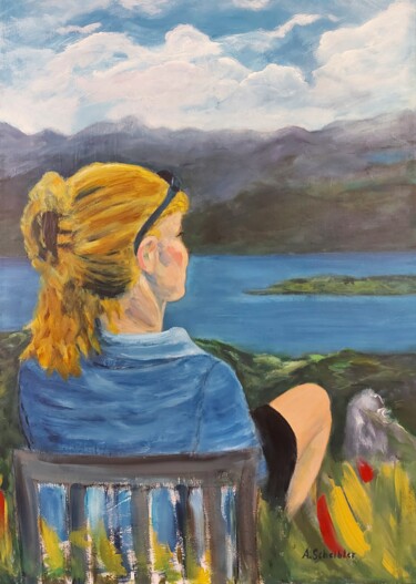 Painting titled "Woman at the lake" by Angelika Scheibler, Original Artwork, Acrylic