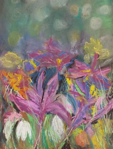 Malerei mit dem Titel "Frühblüher" von Angelika Scheibler, Original-Kunstwerk, Pastell