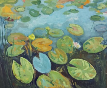 Painting titled "Water Lilies On The…" by Angelika Scheibler, Original Artwork, Tempera