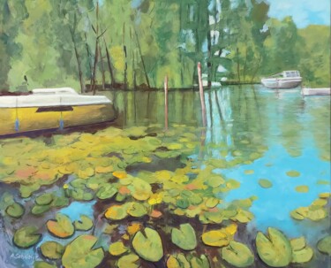 Malerei mit dem Titel "The Yellow Boat" von Angelika Scheibler, Original-Kunstwerk, Tempera