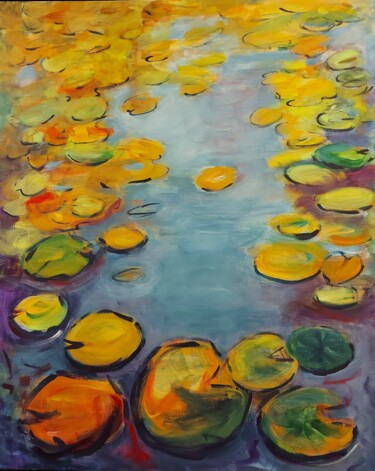Malerei mit dem Titel "Water Lilies At Sun…" von Angelika Scheibler, Original-Kunstwerk, Acryl