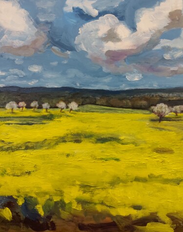 Картина под названием "Yellow Field and Ch…" - Angelika Scheibler, Подлинное произведение искусства, Акрил