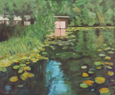 Картина под названием "Boathouses On The R…" - Angelika Scheibler, Подлинное произведение искусства, Темпера