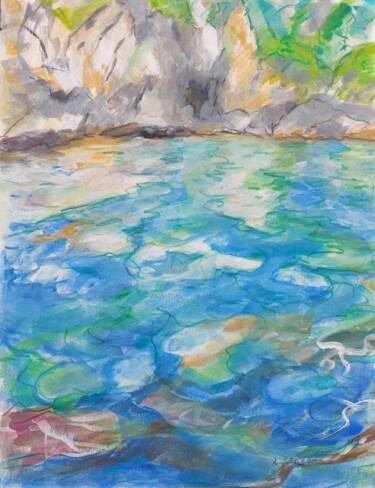 Malerei mit dem Titel "Bucht auf Corfu" von Angelika Scheibler, Original-Kunstwerk, Gouache