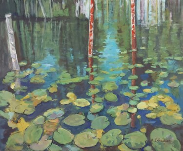 Pintura titulada "View Of Waterlilies" por Angelika Scheibler, Obra de arte original, Témpera