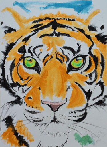 Pintura intitulada "Tiger" por Angelika Schopper, Obras de arte originais, Têmpera Montado em artwork_cat.