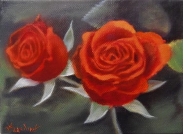 Painting titled "Two roses by Agelik…" by Ageliki Aggelike, Original Artwork, Oil