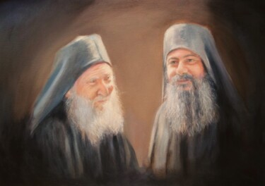 Painting titled "Elders" by Ageliki Aggelike, Original Artwork, Oil Mounted on Wood Stretcher frame