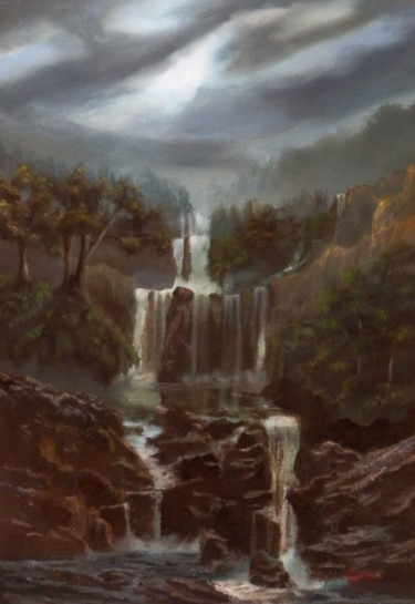 Painting titled ""Waterfalls"" by Ageliki Aggelike, Original Artwork, Oil