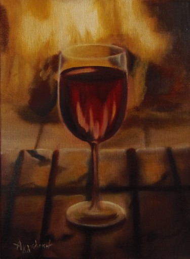 Pintura intitulada ""A glass of wine"" por Ageliki Aggelike, Obras de arte originais