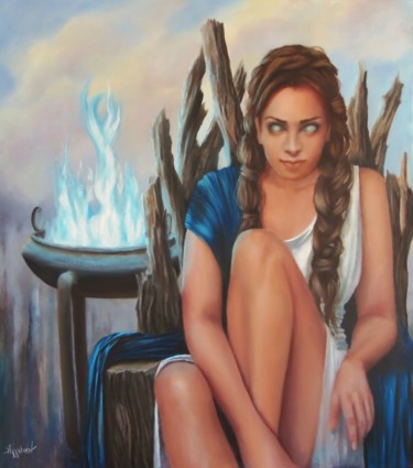 Painting titled "Pythia The Oracle" by Ageliki Aggelike, Original Artwork, Oil Mounted on Wood Stretcher frame