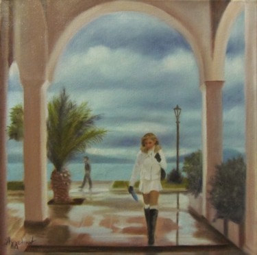 Painting titled "A moody day" by Ageliki Aggelike, Original Artwork, Oil Mounted on Wood Stretcher frame